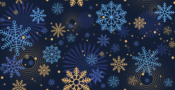 떨어지는 눈과 겨울 밤 푸른 배경. 현대 라인 아트 스타일의 아름다운 눈송이로 만든 매끄러운 패턴의 크리스마스와 새해 축제 디자인 - blue snowflakes stock illustrations