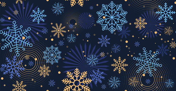 Winter night blue background with falling snow. Christmas and New Year festive design with seamless pattern made of beautiful snowflakes in modern line art style. Xmas decoration. Vector illustration.
