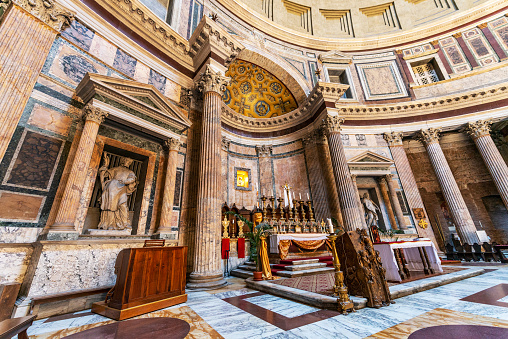 Rome, Italy - June 1, 2014: Pantheon's Interior. Pantheon in Latin Quarter. Originally church of St. Genevieve, now also a famous burial place in Rome, Italy.