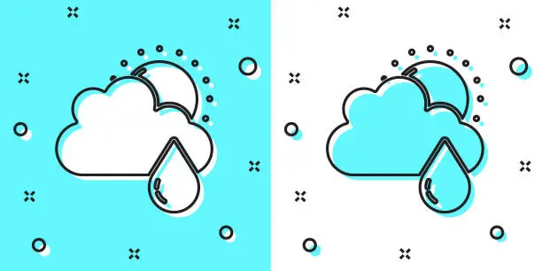 Vector illustration of Black line Cloud with rain and sun icon isolated on green and white background. Rain cloud precipitation with rain drops. Random dynamic shapes. Vector