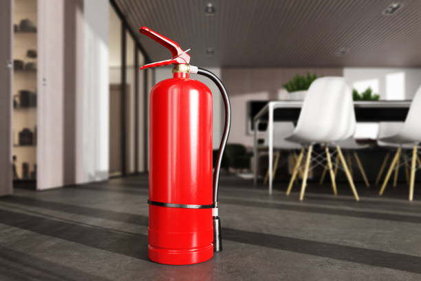 istock Fire extinguisher in luxury modern room or apartment, blur background. 3D illustration 1280758111
