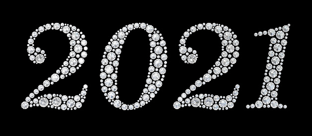 2021 Happy new year greeting banner. Diamond font. Diamonds numeral 2021 on the black background. 3d illustration.