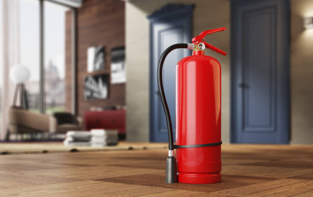 istock Fire extinguisher in luxury modern room or apartment, blur background 1280758218