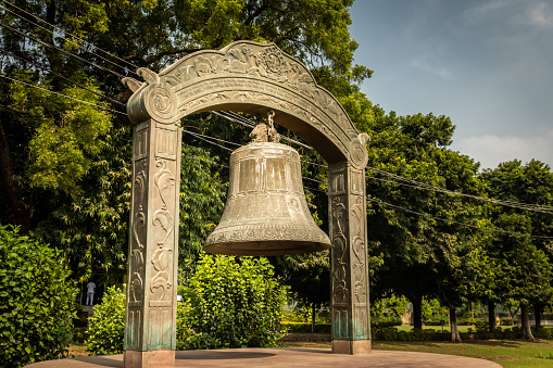 Nalanda,bihar,India- Aug 11 2019 : world peace bell also know as dharma bell in buddhism. it is a symbol of peace and love of almighty god.