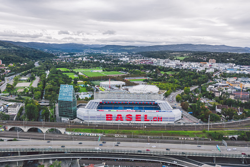 Aerial view over St. Jakob-Park, FC Basel home stadium. Basel / Switzerland - September 2020