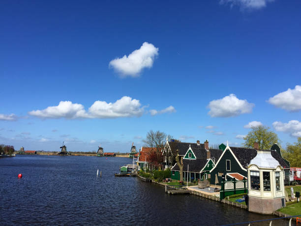 landscape of city view near sea coast at blue sky in Zaanse Schans, North Holland, Netherlands