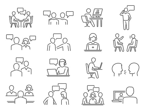 People talk, negotiation, speech thin line icons set isolated on white. Discussion, meeting, chat outline pictograms collection. Debate, controversy, gossip vector elements for infographic, web.