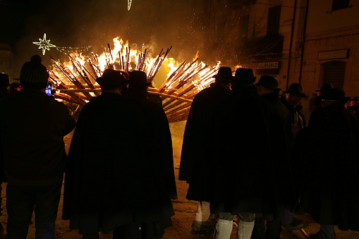 'Ndocciata  evocative rite of fire, with torches over three meters high, heritage of Italy for tradition, Agnone, Italy