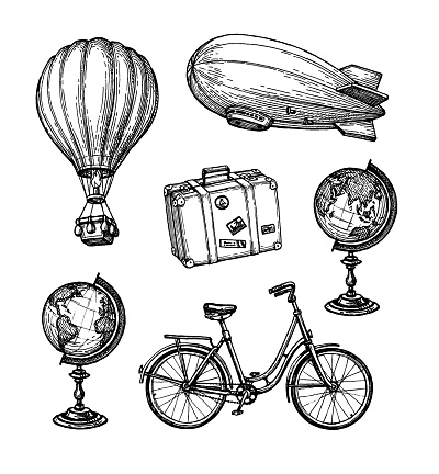 Vintage travel set. Ink sketch of retro objects isolated on white background. Hand drawn vector illustration.