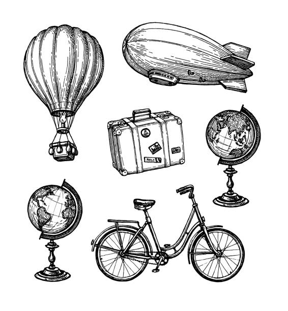 Vintage travel set. Vintage travel set. Ink sketch of retro objects isolated on white background. Hand drawn vector illustration. suitcase illustrations stock illustrations