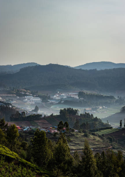 vista de la ciudad ooty desde la cima de una colina en la mañana temprano o al amanecer - photography cloud plantation plant fotografías e imágenes de stock