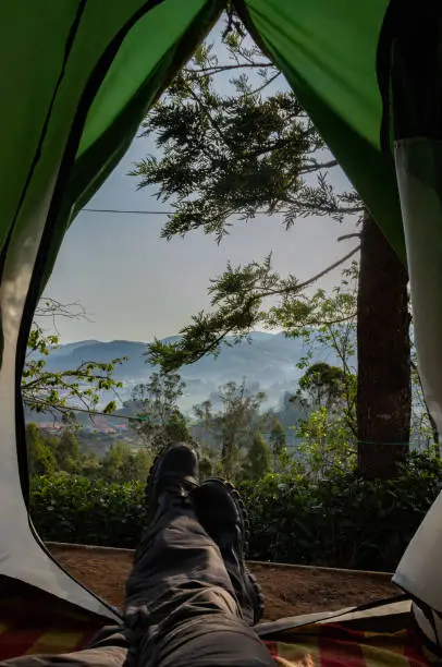 camping solo at tea garden hill top with mesmerizing view image taken at ooty tamilnadu india. Showing beautiful nature love of human.