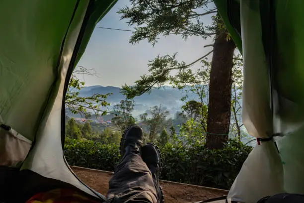 camping solo at tea garden hill top with mesmerizing view image taken at ooty tamilnadu india. Showing beautiful nature love of human.