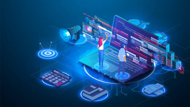 Data analysis concept. Teamwork of business analysts on holographic charts and diagrams of sales management statistics and operational reports. Can use for web banner, infographics. Vector isometric Data analysis concept. Teamwork of business analysts on holographic charts and diagrams offshore platform stock illustrations