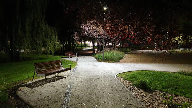 istock Park in the evening without people, a lit lantern. 1280770090