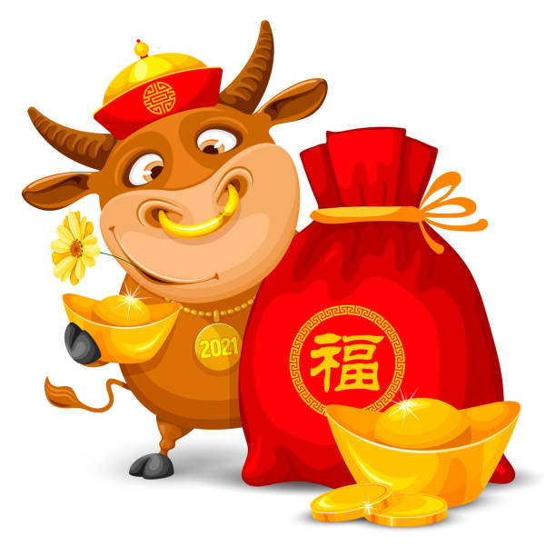 illustrazioni stock, clip art, cartoni animati e icone di tendenza di buon saluto di capodanno cinese con cartoon bull - bag bullion coin wealth