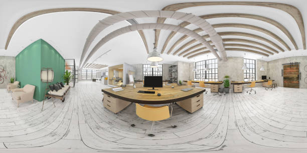 360 degree VR of large modern office interior Office interior 360 degree VR panoramic render. Open space with working stations and lobby. No people. 360 degree view stock pictures, royalty-free photos & images