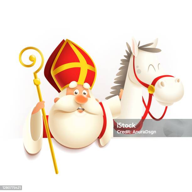 Saint Nicholas Sinterklaas With Horse On Board Vector Illustration Isolated On Transparent Background Stock Illustration - Download Image Now