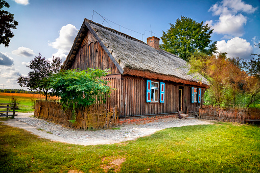 Small family based farm with a farmhouse in open air museum in Odense.  The farmhouse is one of a collection of more than 20 buildings from the 19th century - all together making a complete village representing all functions from blacksmith to shoemaker.
