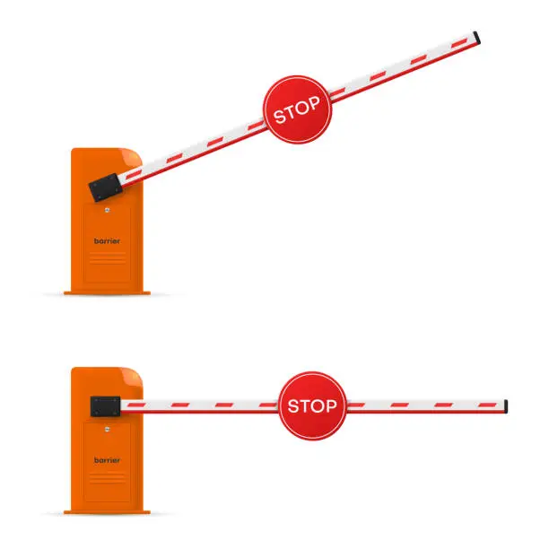 Vector illustration of Car barrier with stop traffic sign realistic set. Passage prohibited or permitted.