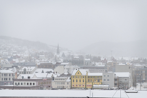 Snow falling over the city, Harstad, Norway - Feb 28 2019;