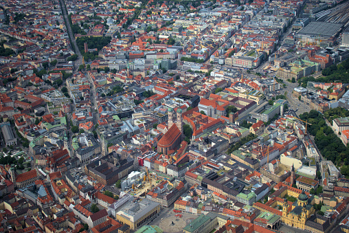 Downtown Munich in Germany seen from a propeller plane July 5,2020