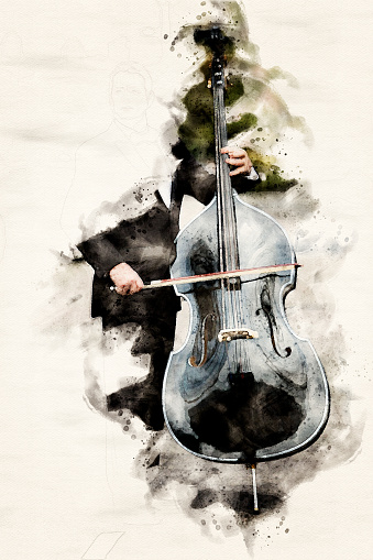 man in tuxedo playing the double bass in watercolors