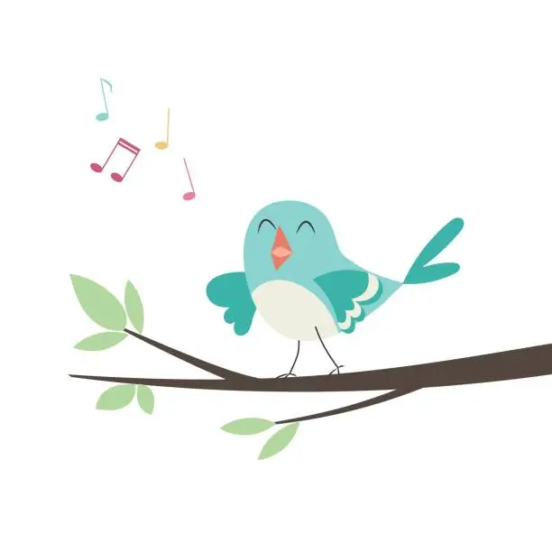 Vector illustration of Vector illustration of a little cute bird sitting on a tree branch and singing