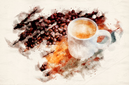 white cup of fresh coffee on wooden table with coffee beans in watercolors