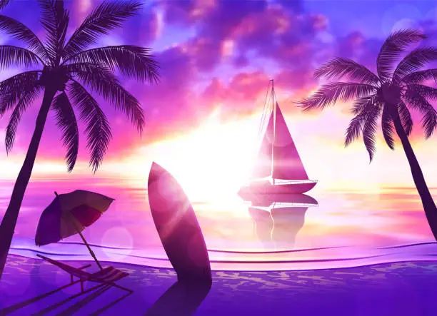 Vector illustration of Tropical Beach at Sunset with Sailboat, Palm Trees, Chaise Longue, Surfboard