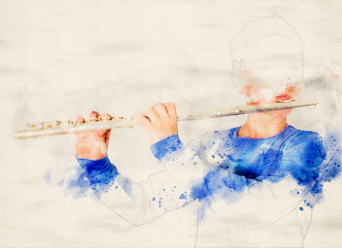 portrait of a boy playing the flute in watercolors