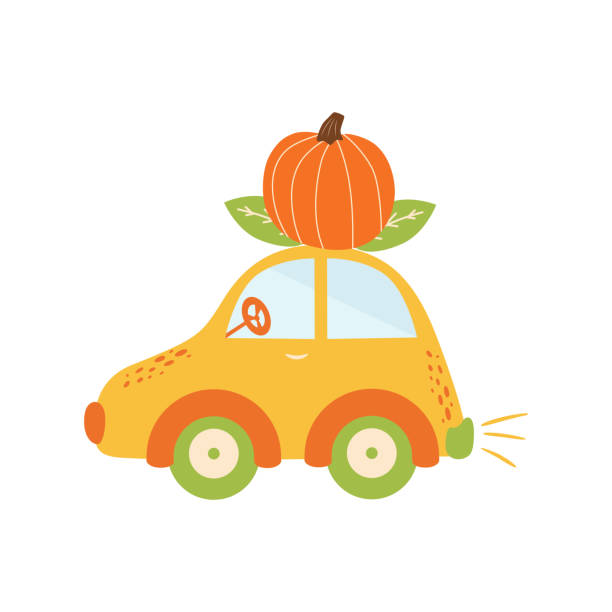 istock Pumpkin car Cute autumn greating card. Background for fall season. Transportation elements. Harvest time 1280785605