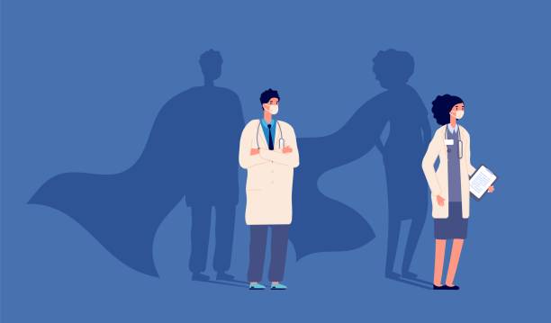 illustrazioni stock, clip art, cartoni animati e icone di tendenza di dottore supereroe. eroi della forza medica, le persone indossano una maschera protettiva. potere della medicina, uomo donna e forti ombre nel concetto vettoriale di mantelle - mask superhero heroes men