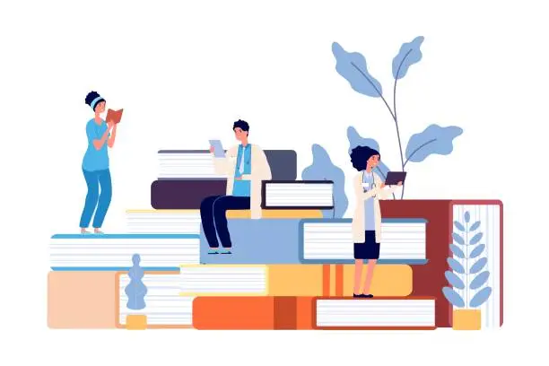 Vector illustration of Medical school students. Doctors studying, hospital staff reading books. Refresher courses for nurse, healthcare professor college vector illustration