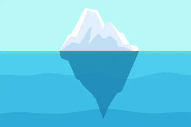 Vector illustration of Iceberg floating in ocean. Arctic water, sea underwater with berg and freezing light. Polar or antarctica melting mountain vector landscape
