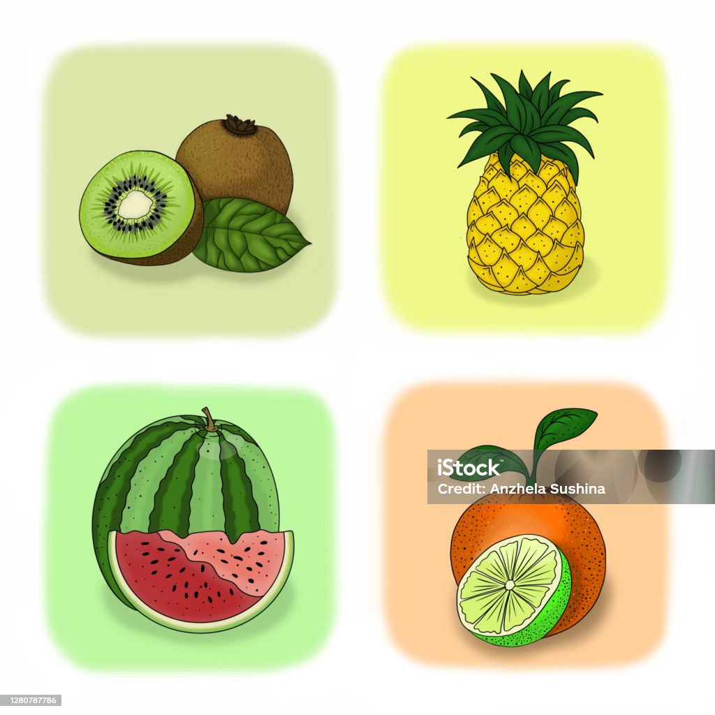 Vetores de Frutas Frescas Tropicais De Desenho Animado Melancia Abacaxi Cítricos Laranja Kiwi Em Diferentes Fundos De Cores Brilhantes Ilustração Colorida Desenhada À Mão Para Design e mais imagens de Abacaxi - Vetores de Frutas Frescas Tropicais De Desenho Animado Melancia Abacaxi Cítricos Laranja Kiwi Em Diferentes Fundos De Cores Brilhantes Ilustração Colorida Desenhada À Mão Para Design e mais imagens de Abacaxi -