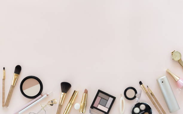 istock Makeup professional decorative cosmetics frame on beige background top view.Copy space 1280788932