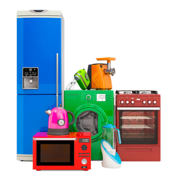 istock Set of colored kitchen appliances. Washing machine, fridge, gas range, microwave oven, meat grinder, mixer, kettle and hydrogen rich water machine. 3D rendering isolated on white background 1280791262