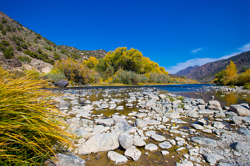 Atuel, Argentina, November 14, 2019: View of the Atuel River (Río Atuel) in the Mendoza province on a sunny day.