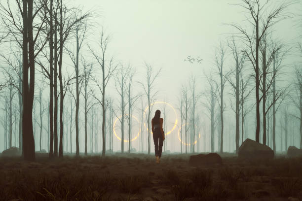 istock Woman walking in mysterious forest 1280793321