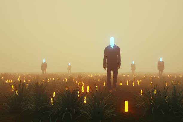 Spooky sleepwalkers in fantasy landscape, 3D generated image.