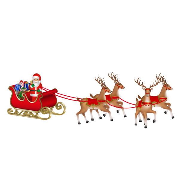istock Christmas sleigh with santa claus, reindeers and gift boxes 1280794300