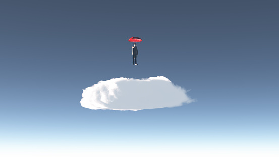 Man with red umbrella hovers above cloud. 3D rendering