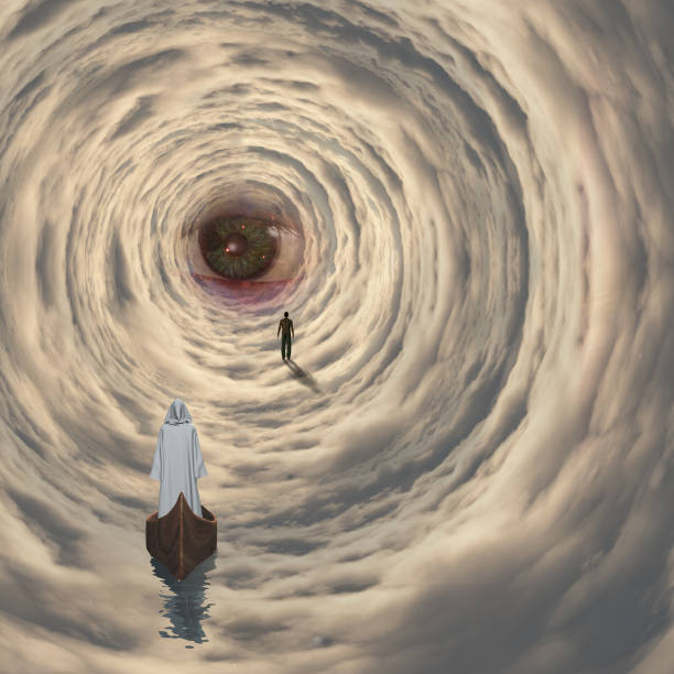 istock Robed boatman and man in distance in abstract space 1280794593