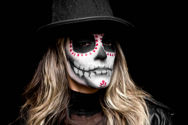 istock Sugar skull girl in top hat with creative make up 1280801767