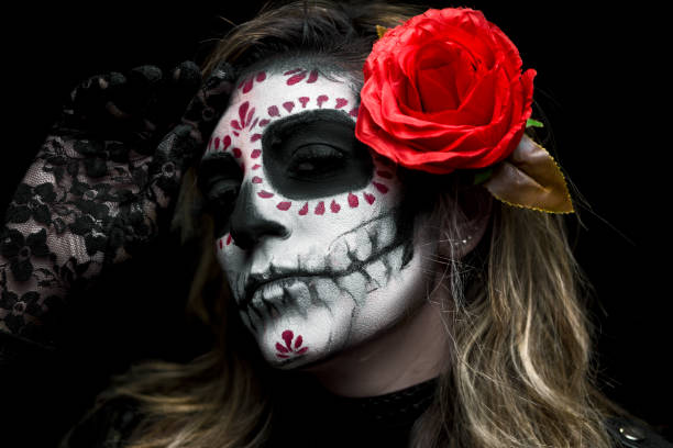 istock Sugar skull creative make up costume with rosses and lace for Halloween 1280801795