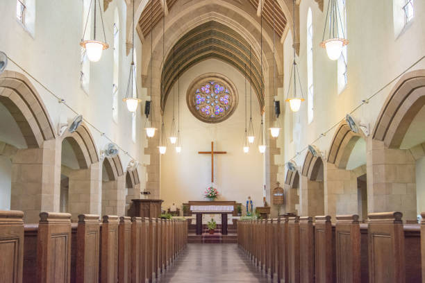 istock Interior of church with empty pews 1280809081