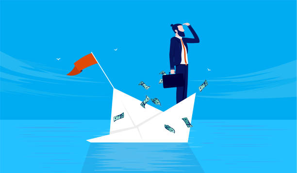 Bankruptcy - Manager standing  stedfast and going down with the ship Businessman sinking in paper boat. Bankrupt business and failure concept. Vector illustration. sinking ship vector stock illustrations