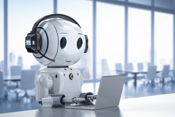 cute artificial intelligence robot with notebook - center occupation headset on the phone imagens e fotografias de stock