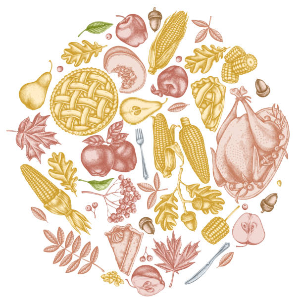 istock Round design with pastel pumpkin, fork, knife, pears, turkey, pumpkin pie, apple pie, corn, apples, rowan, maple, oak 1280814526